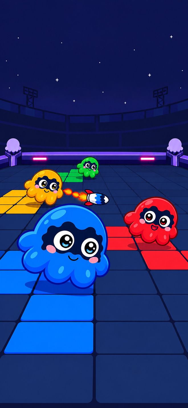 Four Splatties paint the board in blue, red, yellow and green.